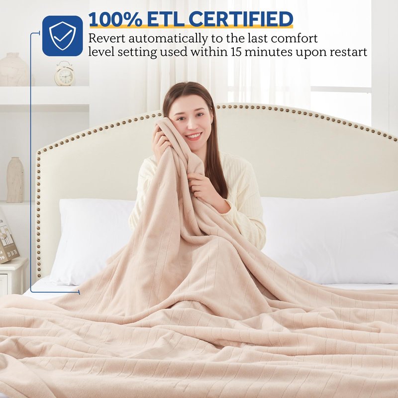Sealy Electric Blanket Twin Size, Flannel Heated Blanket with 10 Heating Levels & 1-12 Hours Auto Shut Off, Fast Heating Warm Blanket, Machine Washable, Beige, 62 x 84 Inch