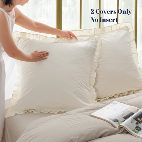 100% Washed Cotton Euro Shams with Ruffle, 2 Pack 26" x 26" Cotton Euro Sham Pillow Covers, No Insert, Ultra Soft Decorative Farmhouse Bedding for Bed Sofa, Cannoli Cream