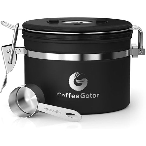 Coffee Gator Coffee Canister, Airtight Stainless Steel Kitchen Food Storage Container with Date Tracker, Scoop for Sugar, Grounds Coffee, Beans,Tea, Sugar, Cereal, Flour, Cookies Jars (Black, 11oz)