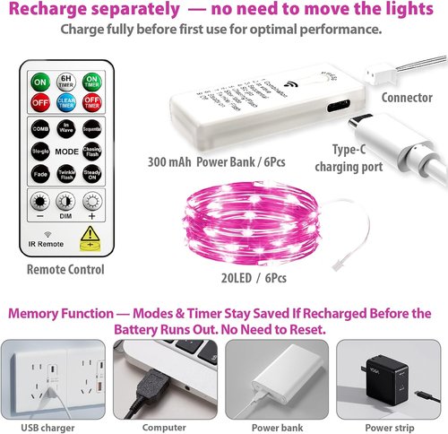 HXWEIYE 6 Pack Rechargeable Fairy Lights - Battery Operated with Remote & DIY Timer | 7ft 20LED Mini Twinkle String Lights for Weddings, Parties & Home Decor (Pink)