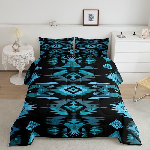Feelyou Blue Black Southwestern Comforter Set,Tribal Native American Indian Bedding Set Twin Size,Boys Girls Bedroom Room Decor,Exotic Style Comforter,Farmhouse Western Bed Set