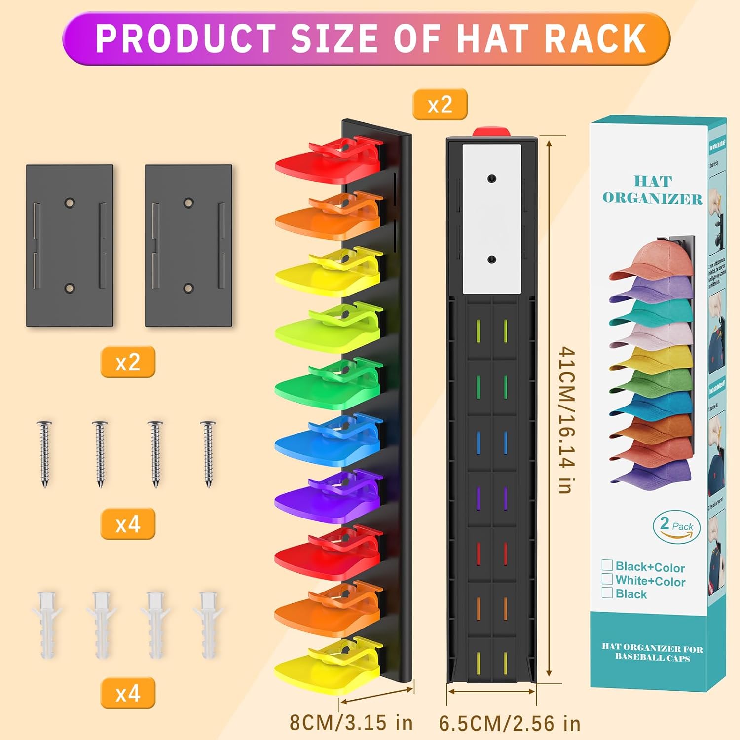 Volnamal Hat Organizer - Space-Saving Wall Rack for 40 Baseball Caps | 2 Pack (Black & Color)