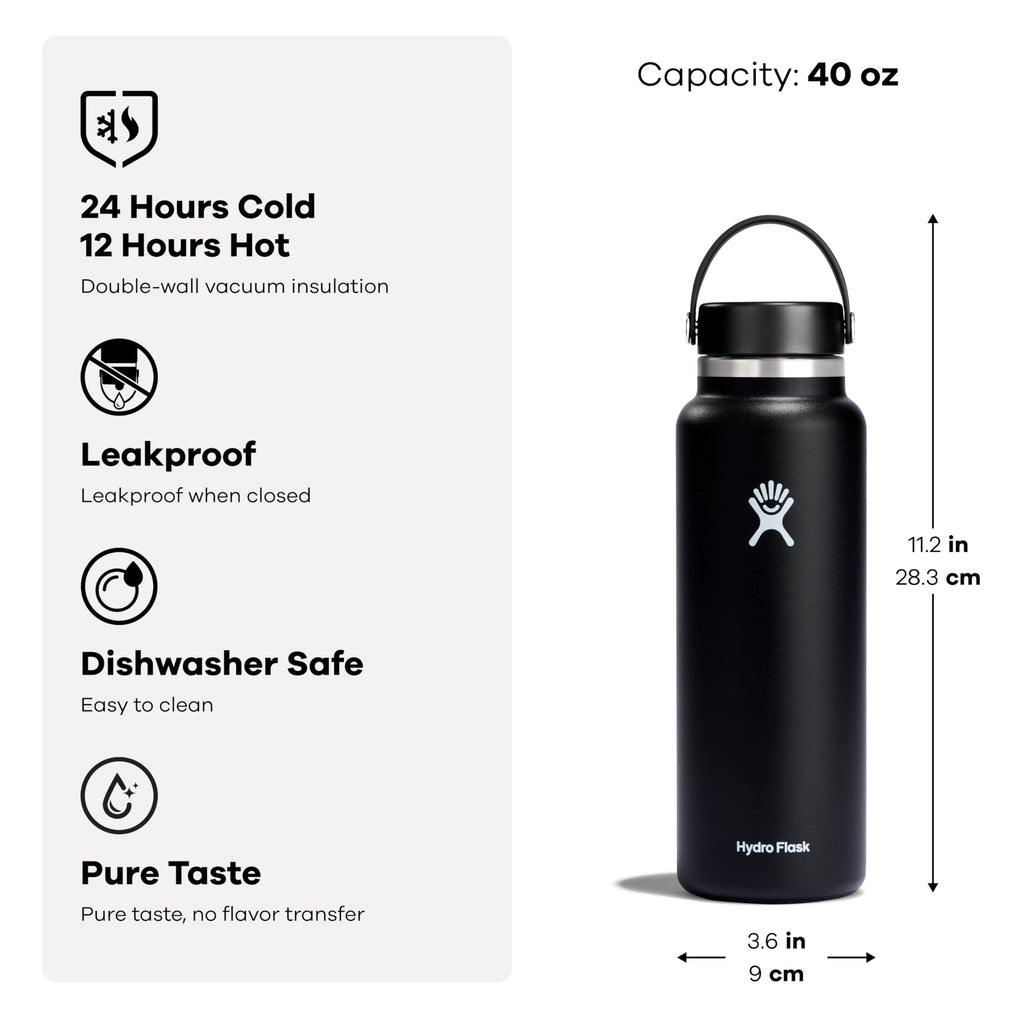 Hydro Flask Water Bottle - Insulated Stainless Steel - Wide Mouth Flex Lid, Non Spill, Leakproof and Refillable in 40 Oz