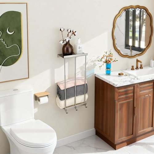 Towel Rack for Rolled Towels, 2-Tier Rolled or Folded Storage Shelves, Telescopic Stainless Steel Towel Holder with Shelf & 3 Hooks, Wall Mounted Bathroom Storage Cabinets for Modern Small Space Decor