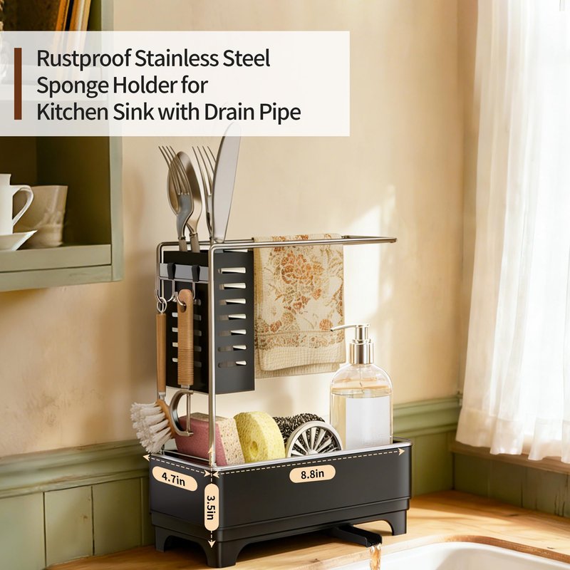 MOUKABAL Sponge Holder for Kitchen Sink, 2-Tier Sink Caddy Organizer with Drain Holes and Hooks, Holds Dishcloth, Sponge & Brushes, Kitchen Countertop Storage for New Home Essentials Black