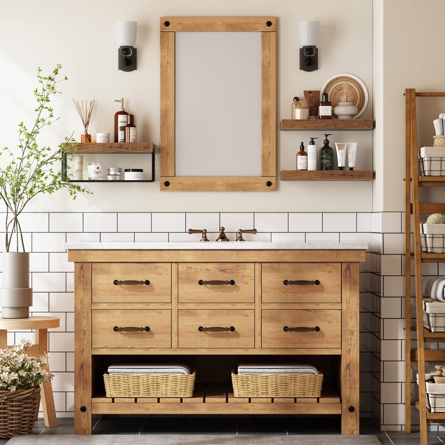 QEEIG Bathroom Shelves - Over Toilet Wall-Mounted Floating Storage | Rustic Brown Set of 3, 16 Inch
