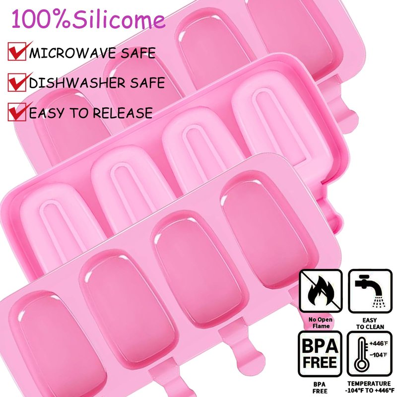 3pcs Large Silicone Popsicle Molds Set,BZIDII 4 Cavities Cake Pop Molds,Oval Ice Cream Bar Mold Ice Pop Cakesicle Molds Silicone with 100 Wooden Sticks & 100 Bags &100 Twist Ties(Pink)