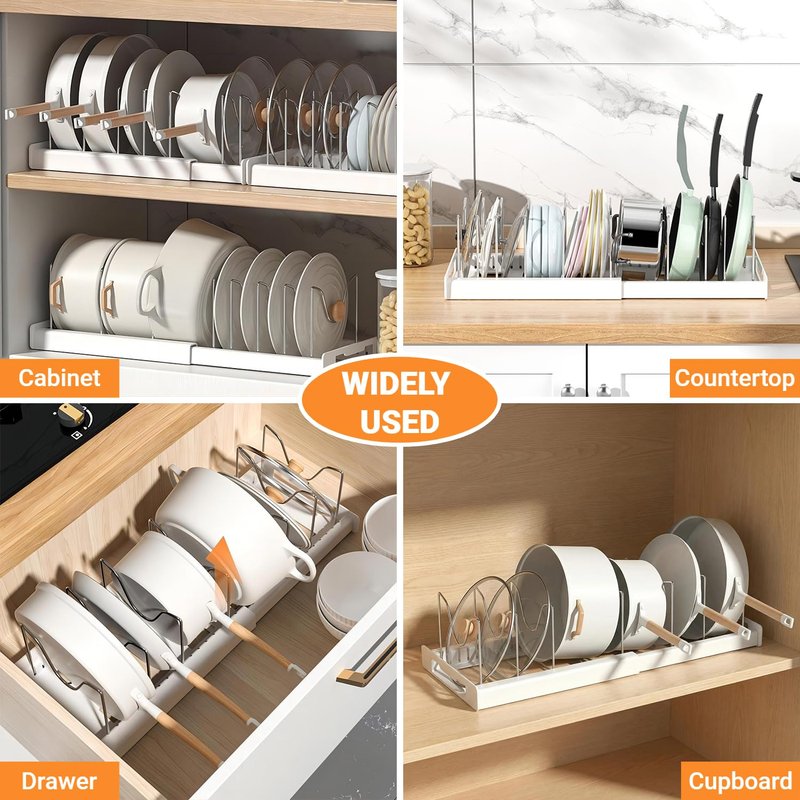 Beruyu Expandable Pot and Pan Organizer Rack for Cabinet, Pot Lid Organizer Holder with 7 Stainless Steel Adjustable Dividers for Kitchen Cabinet Organizer and Storage (White)