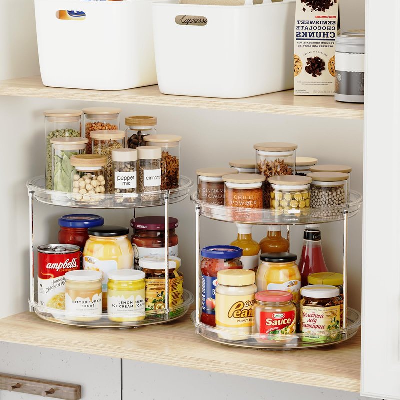 LazySpin 2 Pack 2 Tier Lazy Susan Organizer, 9.25'' Lazy Susan Turntable for Cabinet, Stackable Turntable Organizer Rotating Spice Rack Organization for Kitchen Countertop, Pantry, Bathroom, Clear