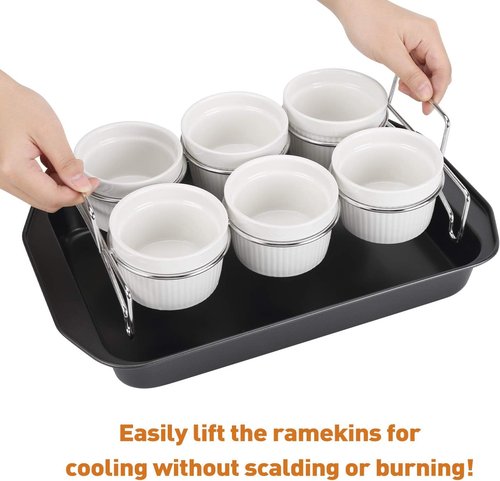 Creme Brulee Making Set - 6 Oz Porcelain Ramekins with Stainless Steel Lifting Rack & Bottom Pan