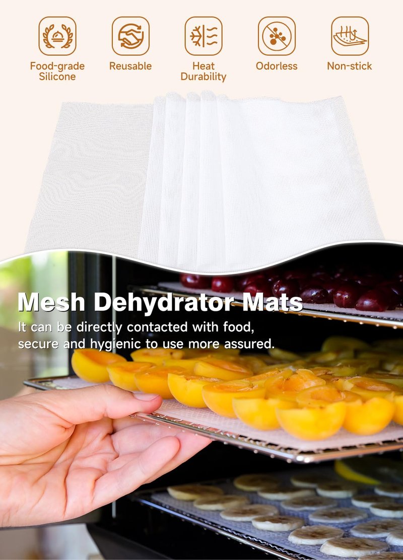 SUCISENI 6 Pack Silicone Dehydrator Sheets (14 x 21 Inch) Premium Non-Stick Silicone Mesh Mat for Fruit Food Dehydrator Reusable Dehydrated Tray Liners for Fruits Meat Vegetables Herbs