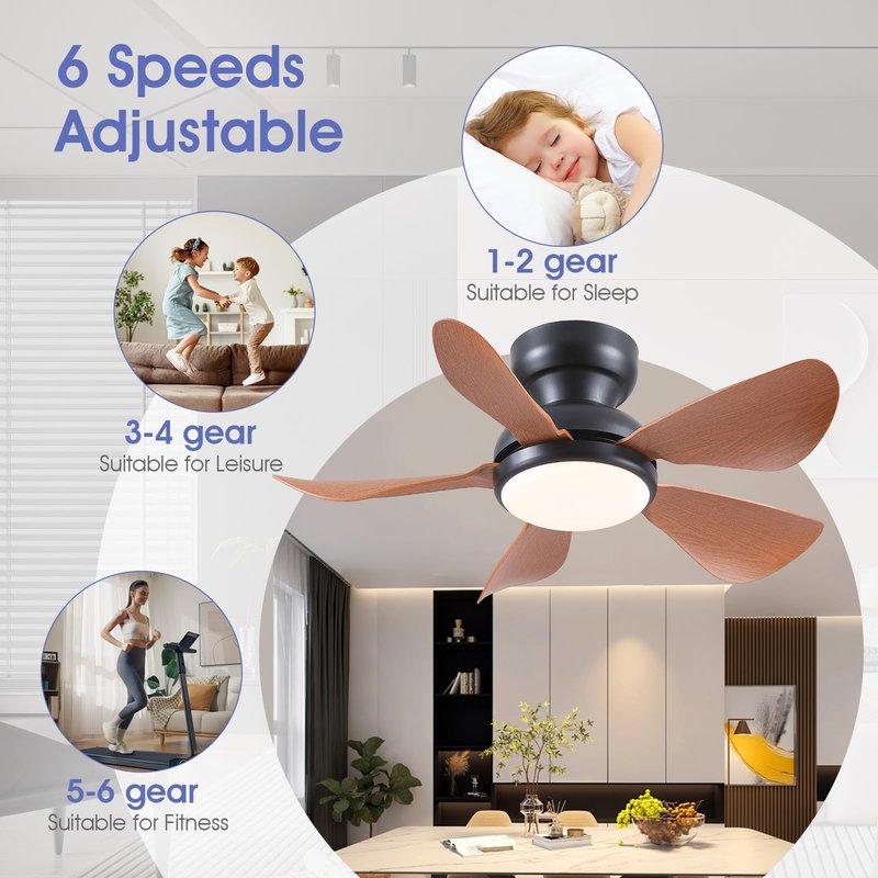 Kviflon 32 Inch Modern Ceiling Fans with Lights, Small Flush Mount Ceiling Fan with Light and Remote/APP Control, 5 Reversible 6 Speeds Curved Blades, 3 CCT Dimmable Lights for Kids Room, Brown