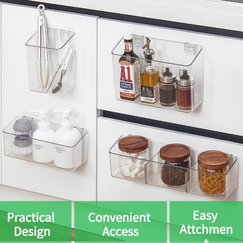 vacane 2-Pack Adhesive Cabinet Door Organizer, Transparent Plastic Storage Bins for Kitchen Bathroom Office, No Drill Hanging Basket, Space Saving Removable Holder-S