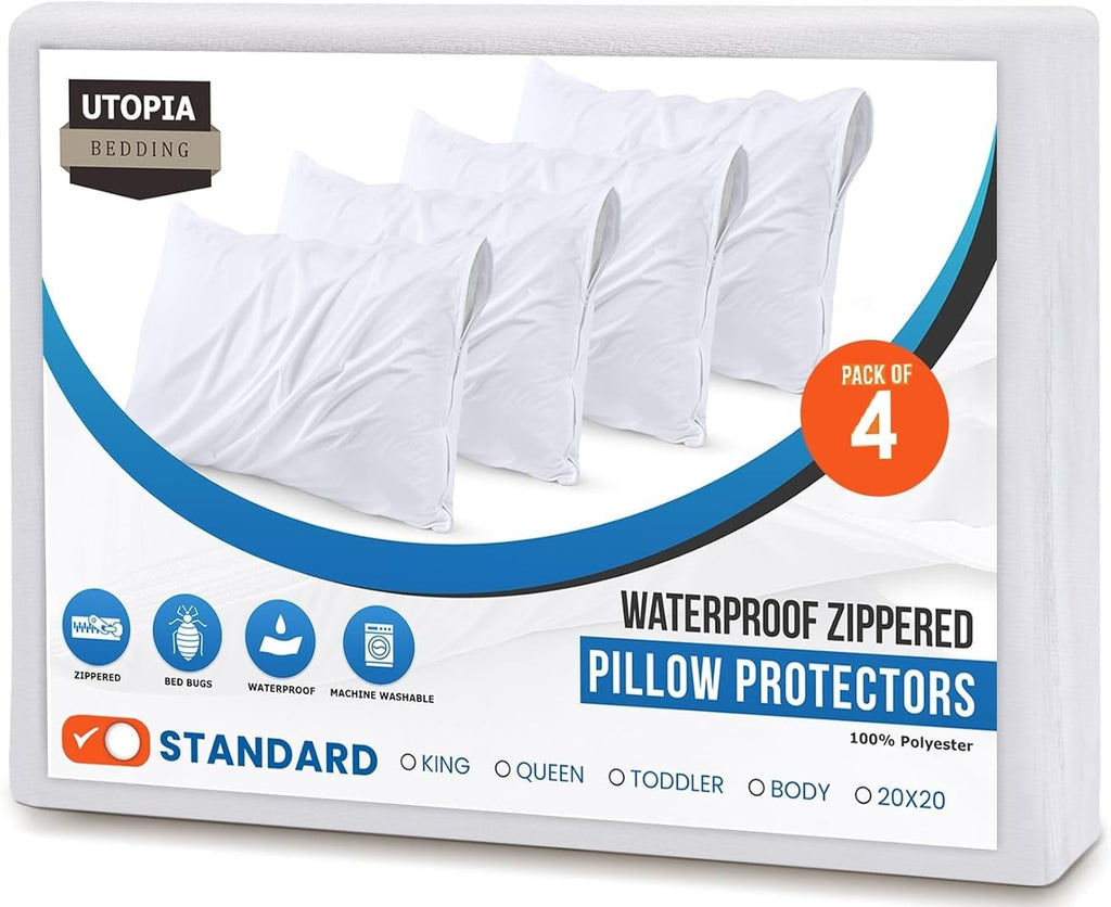 Utopia Bedding Pillow Protectors - Set of 4 Standard Size, Waterproof & Bed Bug Proof Encasements (White)