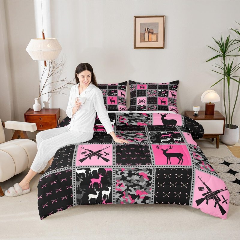 Feelyou Twin Size Cute Deer Bedding Set Boys Girls Deer Hunting Camo Comforter Set for Kids Women Men Ultra Soft Antlers Western Farmhouse Comforter Pink Black Duvet Set Room Decor Quilt Set