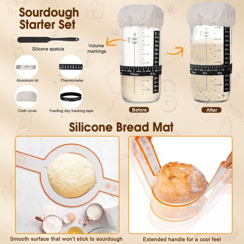 Goeveo Sourdough Starter Kit, 42Pcs Sourdough Bread Baking Supplies Sour Dough Kit 650ml Sourdough Starter Jar Feeding Time Tracker Bread Making Supplies Tools Gifts for Bakers Bread Bags for Homemade