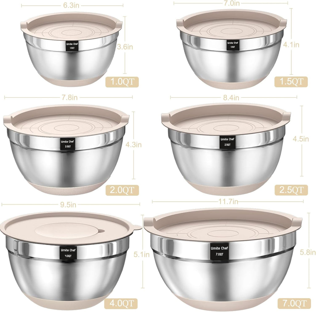 Stainless Steel Mixing Bowls Set by [Brand Name] - 26PCS with Airtight Lids & Grater Attachments | Non-Slip Bottoms, Khaki Color