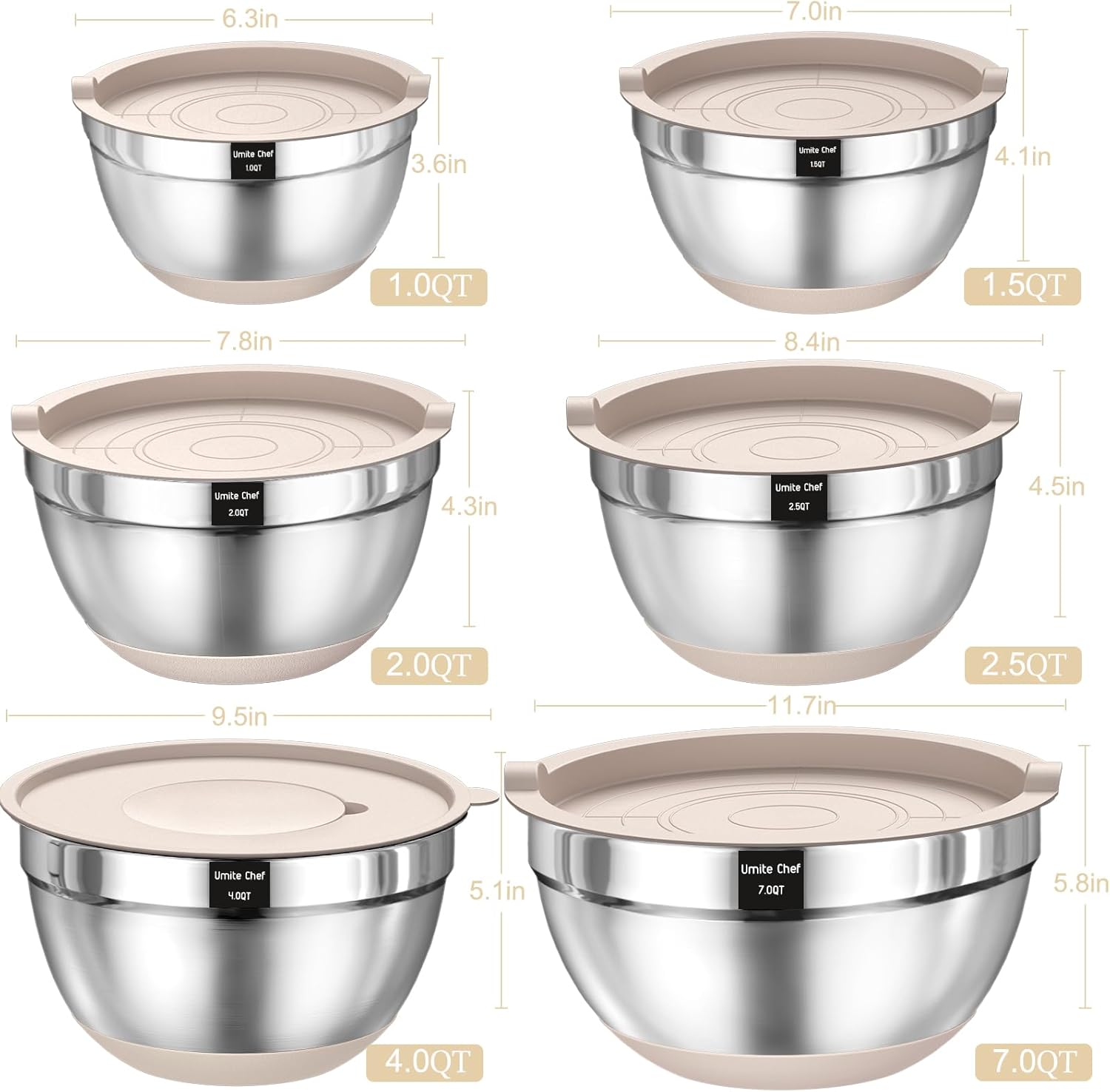 Stainless Steel Mixing Bowls Set by [Brand Name] - 26PCS with Airtight Lids & Grater Attachments | Non-Slip Bottoms, Khaki Color