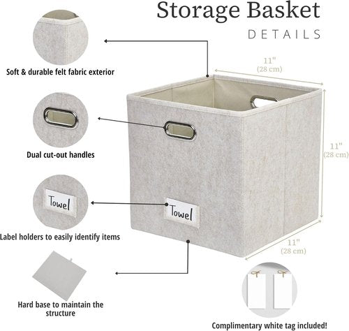 DECOMOMO Felt Storage Bins - 11-Inch Cube Organizers with Labels for Kallax Shelves | Beige (Set of 6)