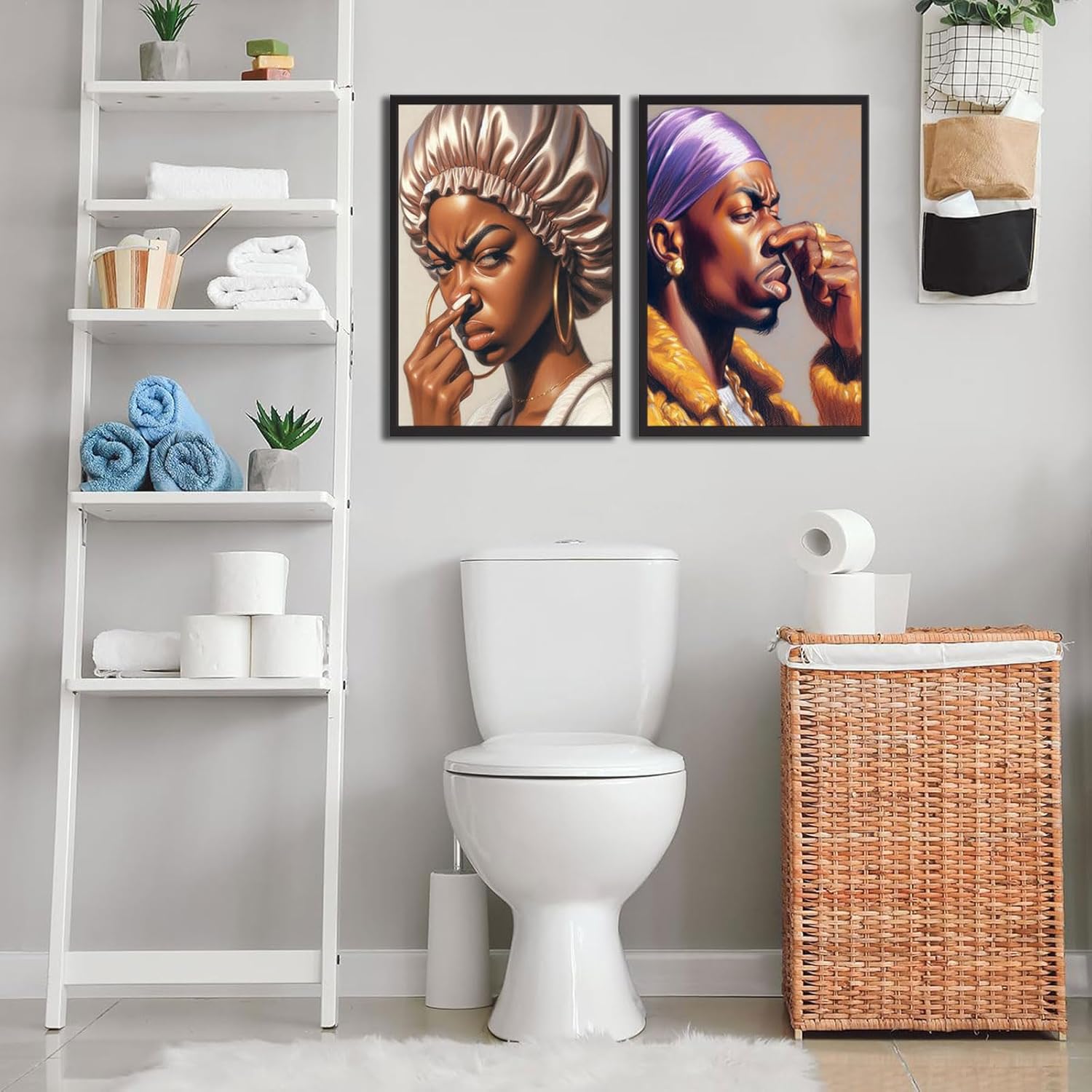 Skiennix Funny African American Bathroom Wall Art - 2Pcs Pinch Nose Canvas Prints | Funky Humor Decor