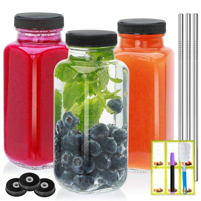 Maredash 8oz Glass Bottles with lids,juice bottles gifts for women,8oz Glass Jars with LIds,glass water bottles. Kit includes Stainless Steels Straws,Two Types of lids,Cleaning Brush 6pcs