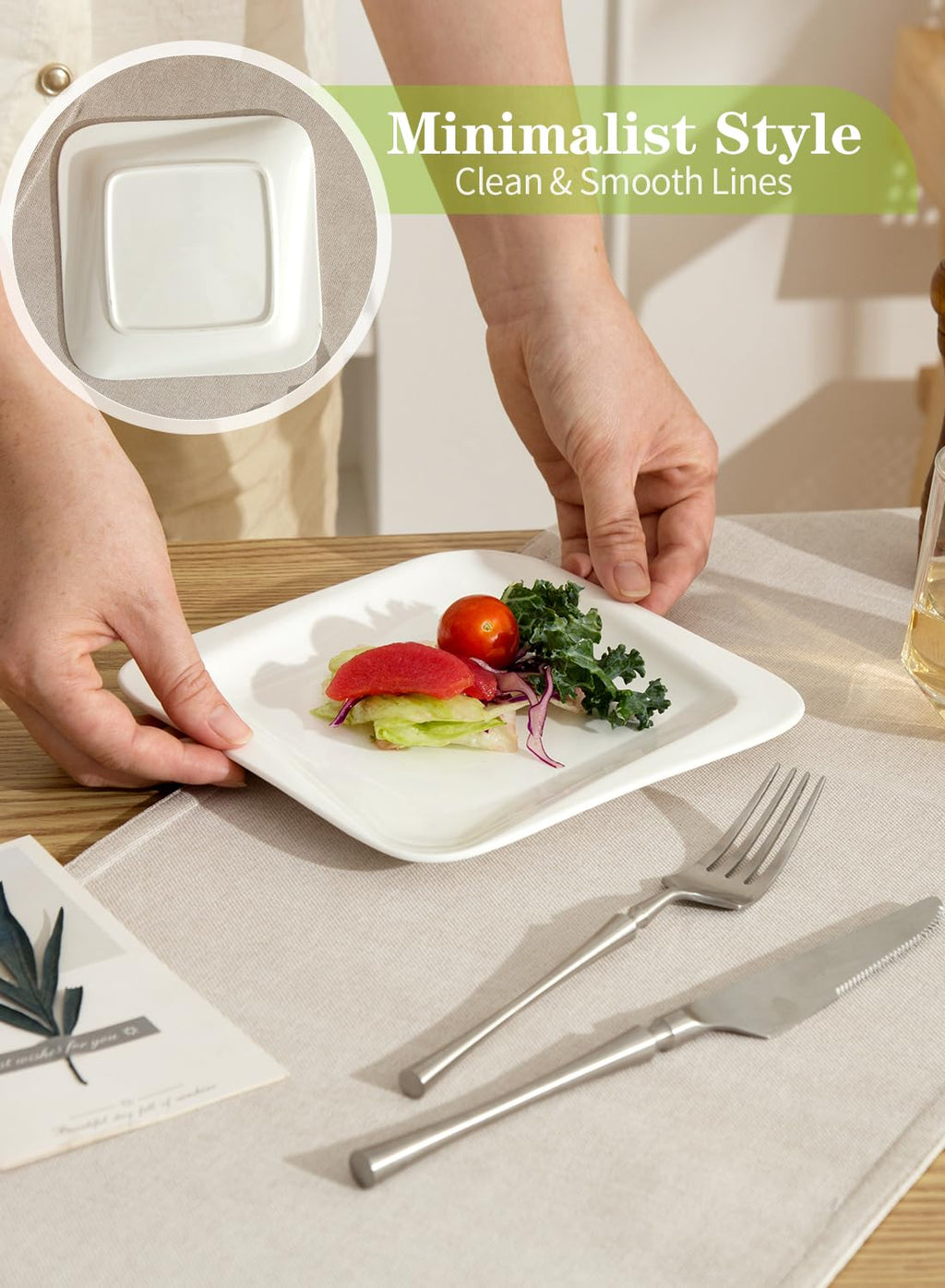 TAMAYKIM 7.3 Inch Porcelain Dessert Plates 10 Pieces, Appetizer Plates, Square Salad Dinnerware Sets, Scratch Resistant, Microwave, Oven and Dishwasher Safe, White