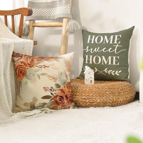 AVOIN colorlife Home Sweet Home Terracotta Sage Throw Pillow Covers, 20 x 20 Inch Seasonal Fall Eucalyptus Floral Motto Cushion Case for Sofa Couch Set of 4