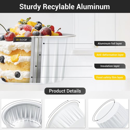 EUSOAR Cupcake Cups with Lids, 5oz 50pcs Disposable Desserts Flan, 3.34x2.59x2.35" Baking Cups with Lids, Aluminum Foil Desserts Cupcake Flan, Catering Gathering Shower Favor-White