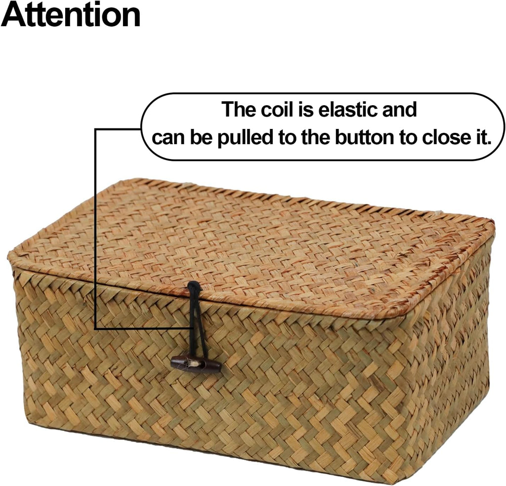 Wicker Storage Basket - Natural Seagrass Organizer with Lid | Rectangular Decorative Bin