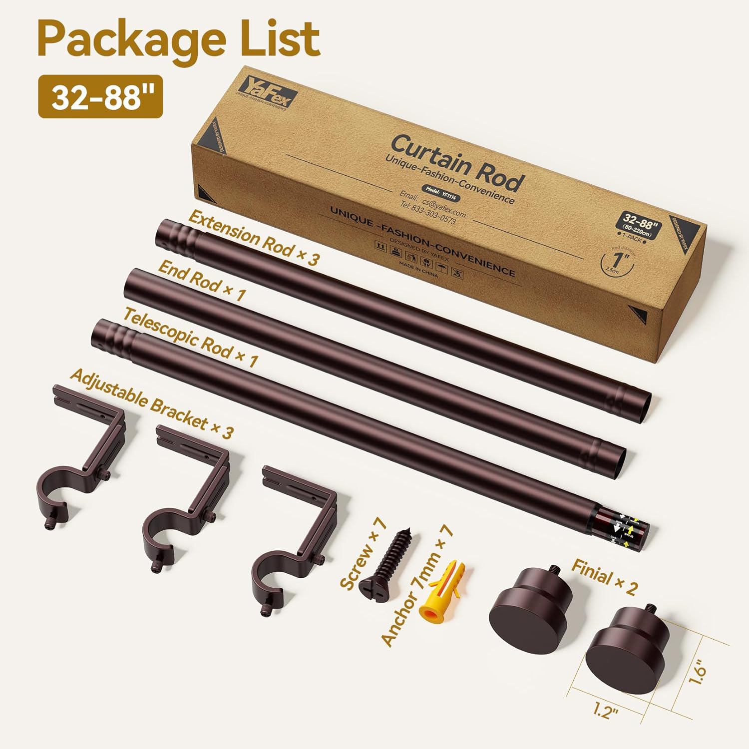 YaFex Adjustable Curtain Rods - Heavy Duty 1 Inch for Windows | 32-84 Inch, Modern Bronze Design