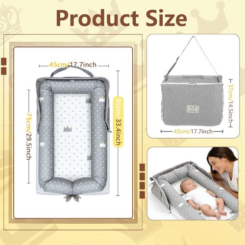 Baby Lounger by Crown - Portable Infant Lounger for Newborns to Toddlers 0-24 Months with Breathable Cotton & Adjustable Size
