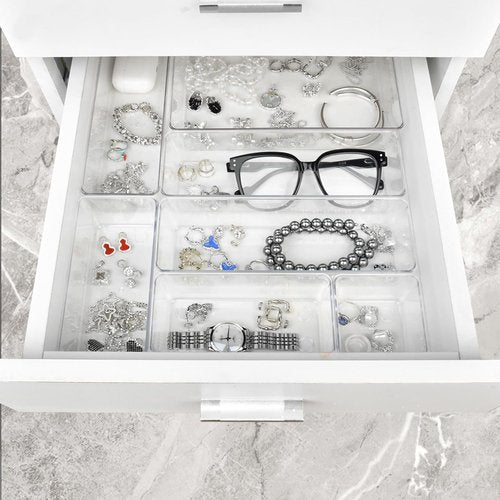Manalete Drawer Organizers - Set of 12 Clear Plastic Storage Bins for Kitchen, Bathroom & Office