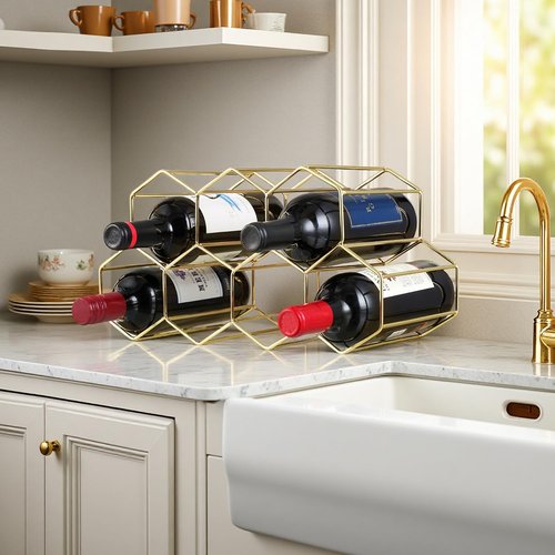 Buruis 9-Bottle Countertop Wine Rack, Honeycomb Metal Wine Holder for Red & White Wines, Standing Bottle Organizer for Home, Kitchen, or Bar, Gold