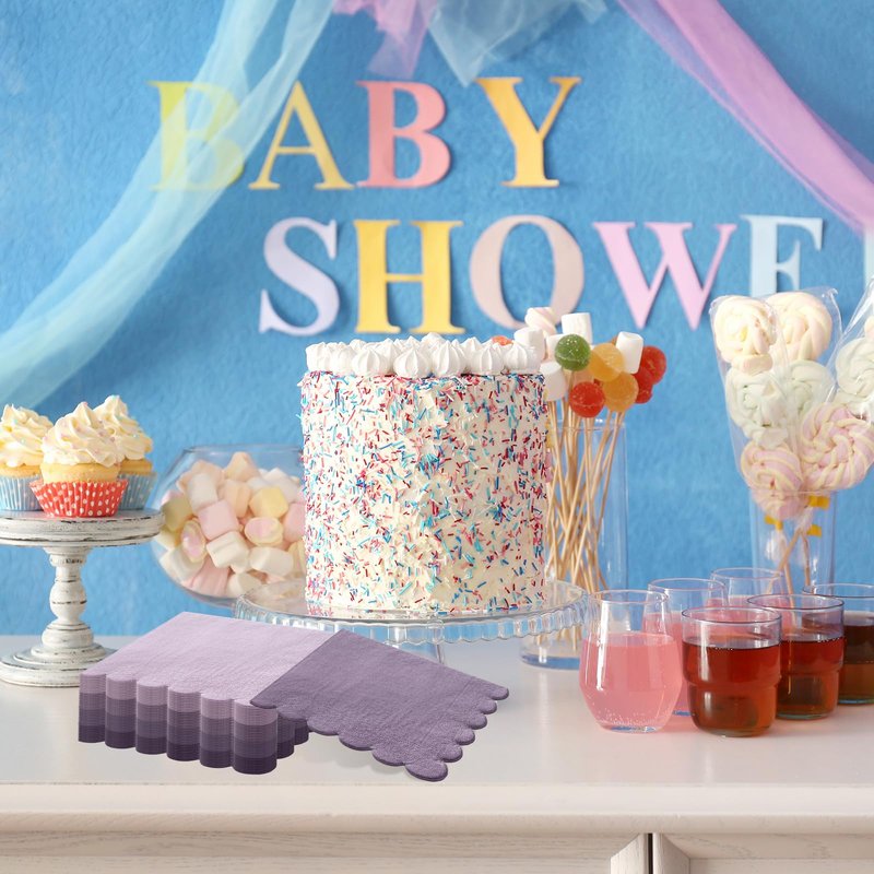 Zhanmai 100 Pack Cocktail Napkins 5 x 5 Inch Scalloped Napkins Beverage Gradient Color Paper with Scalloped Edges Thick Disposable Luncheon for Party Supplies (Purple)