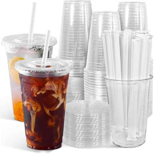 Ginkgo 20oz Clear Plastic Iced Coffee Cups - 100-Pack, Leak-Proof & Sturdy Disposable To-Go Cups for Smoothies & Beverages
