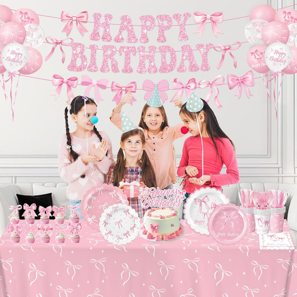 Pink Bow Birthday Decorations - Complete Party Set with Plates, Napkins, Balloons & More for 20 Guests
