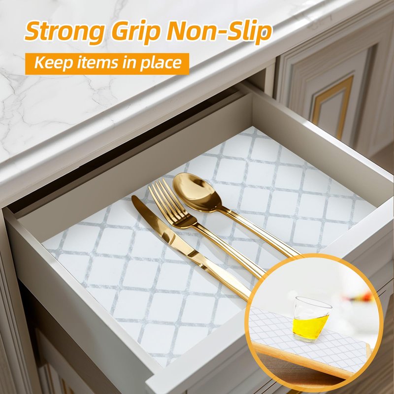 Shinlendid Drawer and Shelf Liner for Kitchen Cabinets, Non-Adhesive Strong Grip Cabinet Liners for Dressers, Durable Waterproof Anti Slip Cupboard Liner, White/Sliver, 23 in x 10 Feet