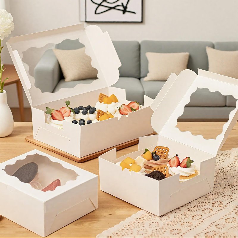 50pcs Cookie Boxes with Window, 6x6x3 Inches White Bakery Boxes, 60 Pcs Stickers,for Small Cookies, Treats, Candy, Desserts, Chocolate Covered Strawberries,Mini Cake Boxes