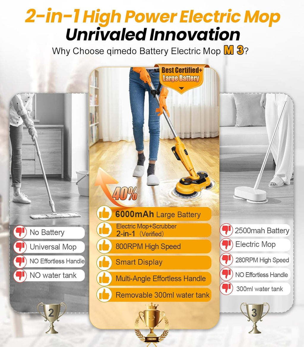 Qimedo Cordless Electric Mop M3 Pro - 6000mAh Battery, 800RPM Power Scrubber with Smart Display & LED Light