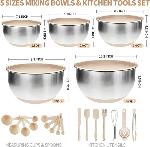 Deedro Premium Mixing Bowls Set - 22 Pcs Stainless Steel with Airtight Lids | Non-Slip Silicone Base, Khaki