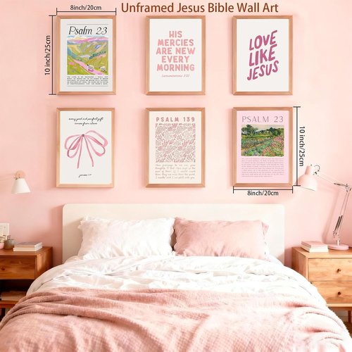 Christian Canvas Wall Art by Pink - Set of 6 Bible Verse Prints | Trendy Scripture Decor for Girls' Rooms