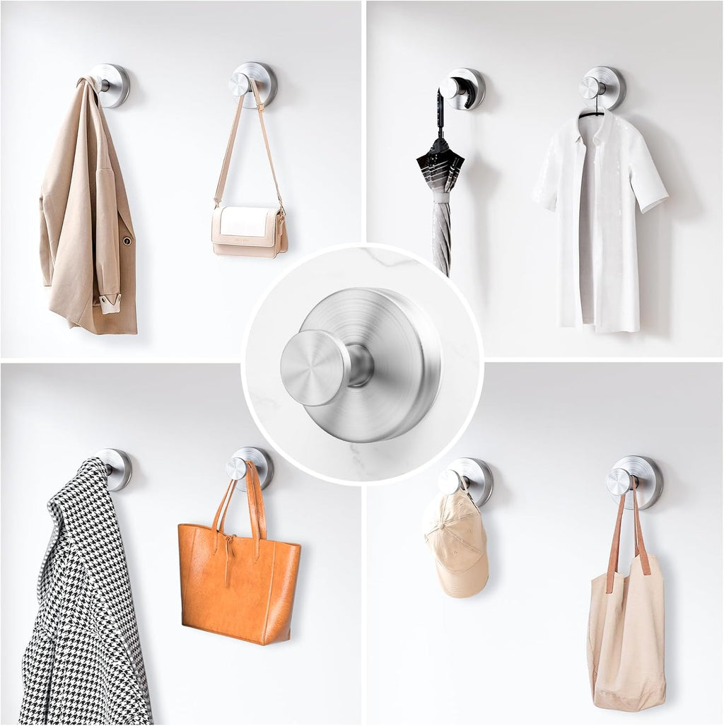 Skiennix Suction Cup Hooks - Removable Bathroom Shower Wall Holders | Silver (2 Pack) for Towels & Wreaths