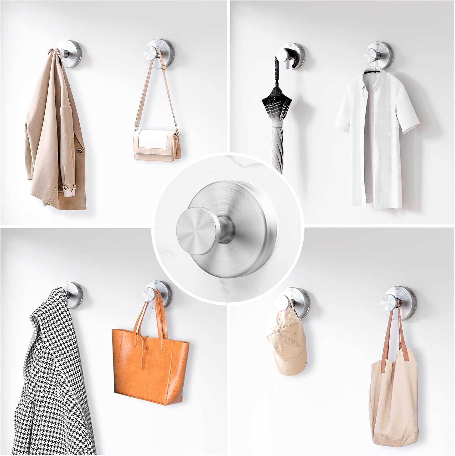 Skiennix Suction Cup Hooks - Removable Bathroom Shower Wall Holders | Silver (2 Pack) for Towels & Wreaths