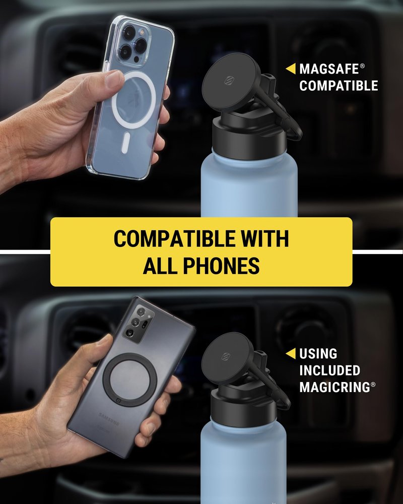 Scosche MFMS32 MagicMount Flask 32 oz Stainless Steel Water Bottle with MagSafe Phone Mount Stand, 12H Hot & 24H Cold, Insulated Flask with Magnetic Phone Holder for Gym, Travel, Sports, 32oz, Blue
