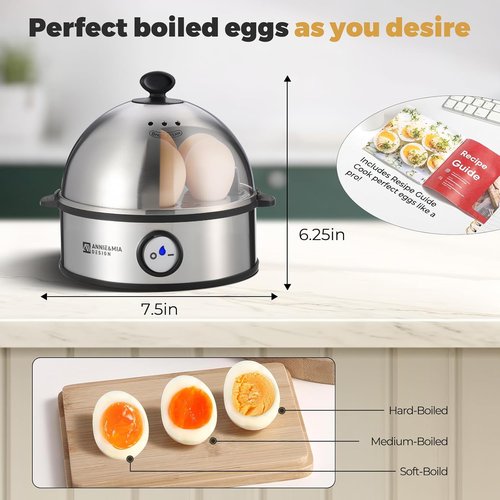 Annie & Mia Electric Egg Cooker - Stainless Steel 7 Egg Capacity | Multi-Function, Auto Shut-Off, BPA-Free