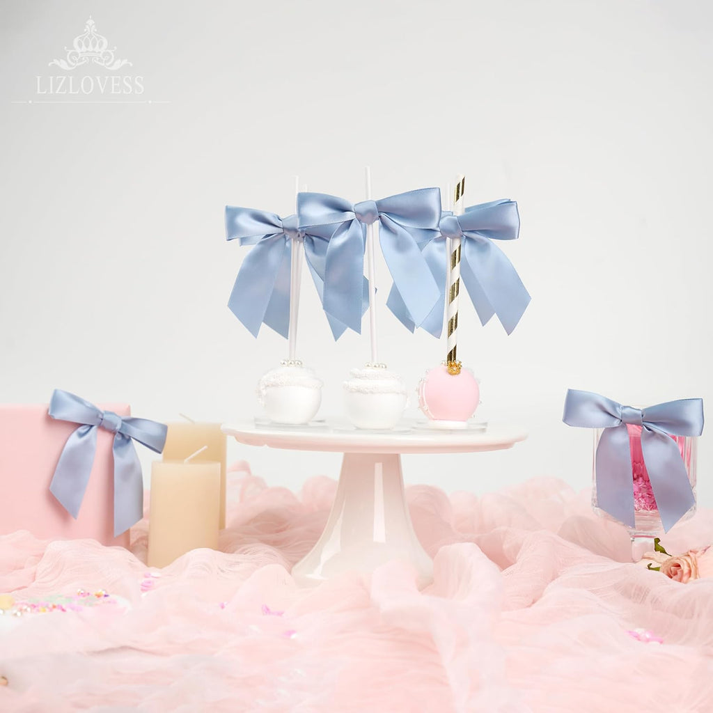 Twist Tie Bows by Dusty Blue - Pre-Tied Satin Ribbon Bows for Gift Wrapping | 3.5" | 50 Pack