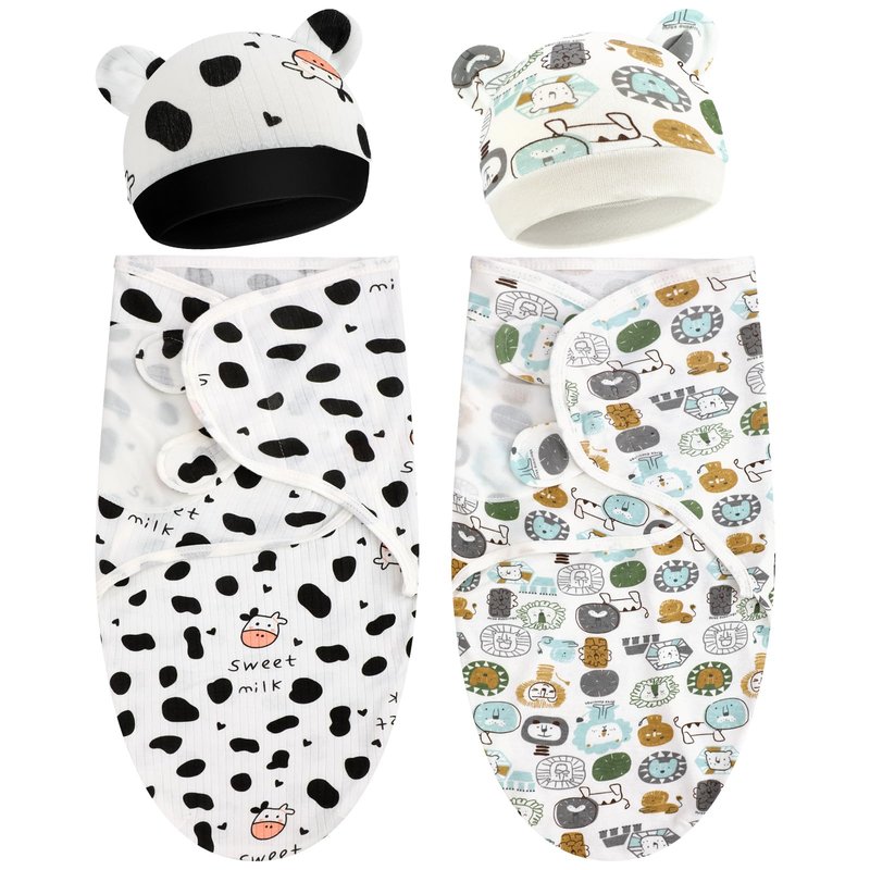 VitalCozy 2 Pack Preemie Baby Swaddle Blanket Wrap with Hat 3-7 Lbs Preemie Hat Newborn Receiving Blanket Wrap for Boy Girl(Animals, Cow)