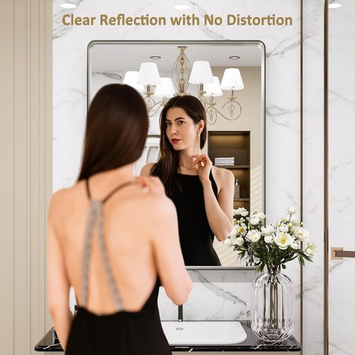 LOAAO Brushed Nickel Bathroom Mirror - Rounded Rectangle Design, Anti-Rust, 32X36 Inch, Hangs Vertically or Horizontally