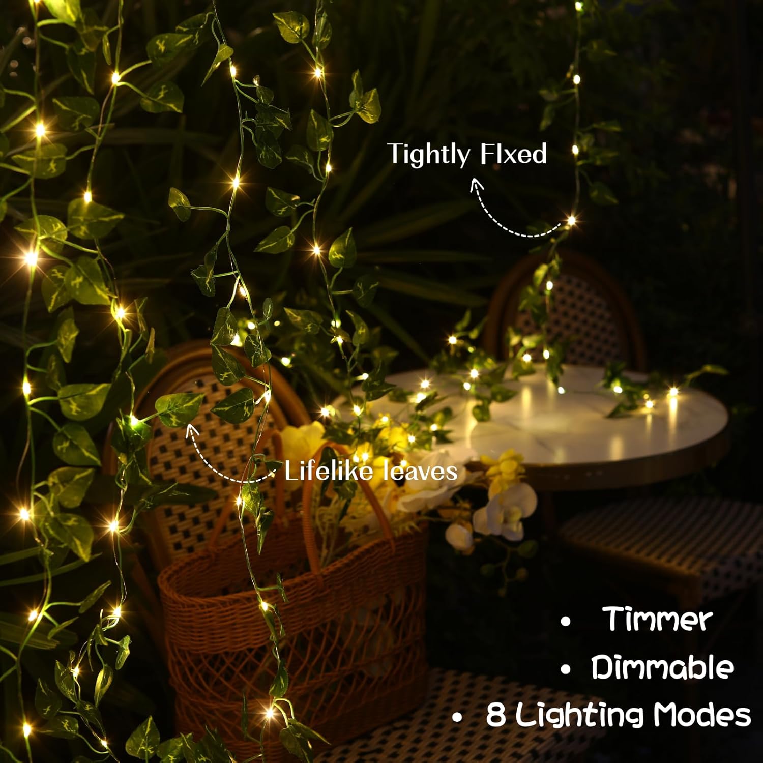 Skiennix 40ft LED Fairy Vine String Lights - USB & Battery Operated, 8 Modes, Timer, Warm White