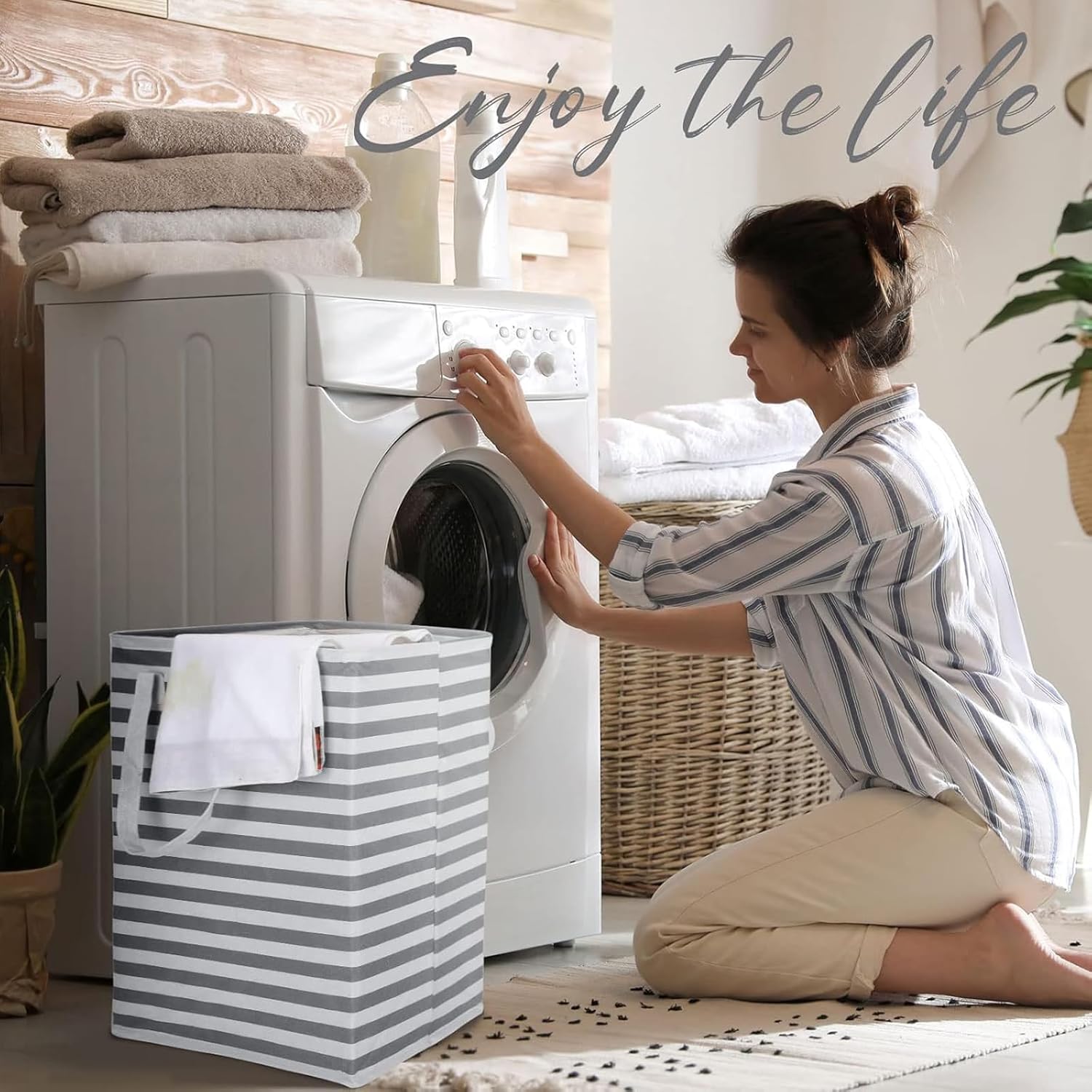 Skiennix Large Collapsible Laundry Hamper - Waterproof Freestanding Basket with Easy Carry Handles | 75L Gray